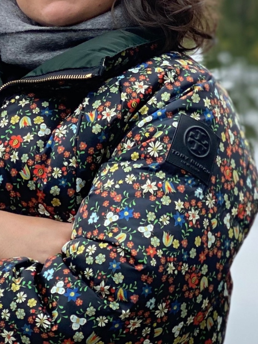 Tory Burch Goose Down Reversible Floral Print Puffer Jacket in Forest Green